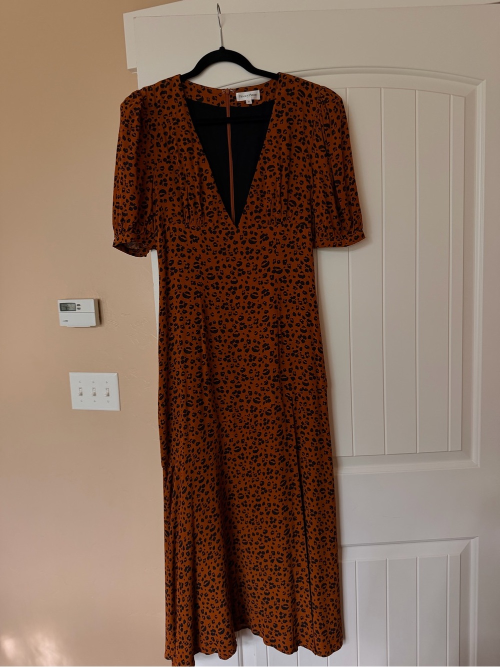 Privacy Please Rust Leopard Print V-Neck Midi Dress with Black Spots